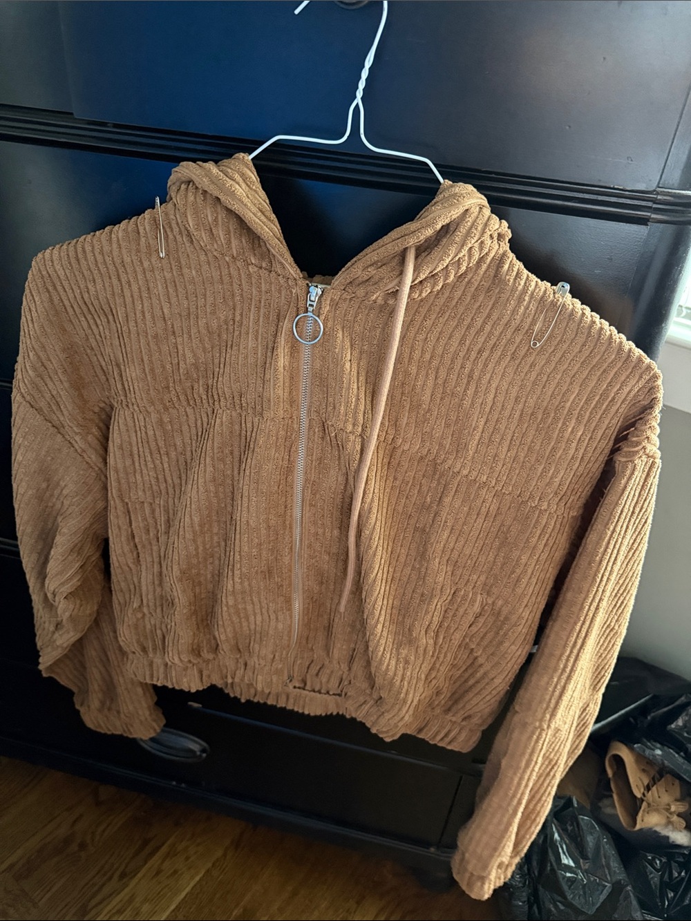 Cropped Corduroy Zip Hoodie in Camel